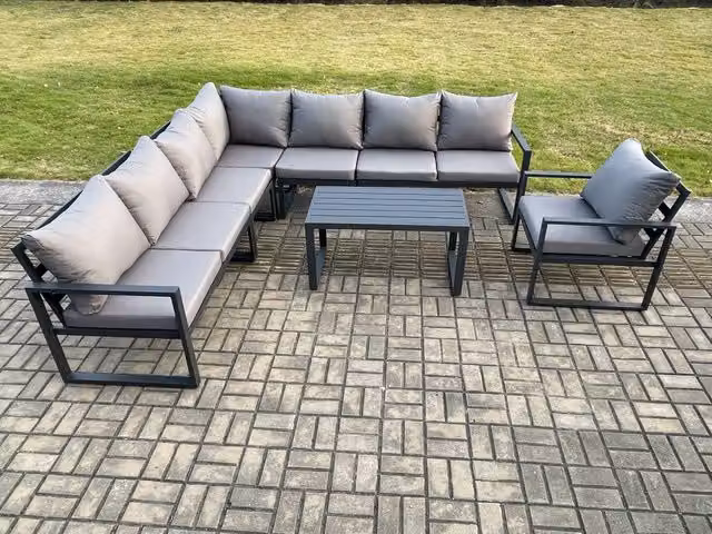 Fimous Modern L-Shape Outdoor Lounge Corner Sofa Set with Oblong Coffee Table in Dark Grey