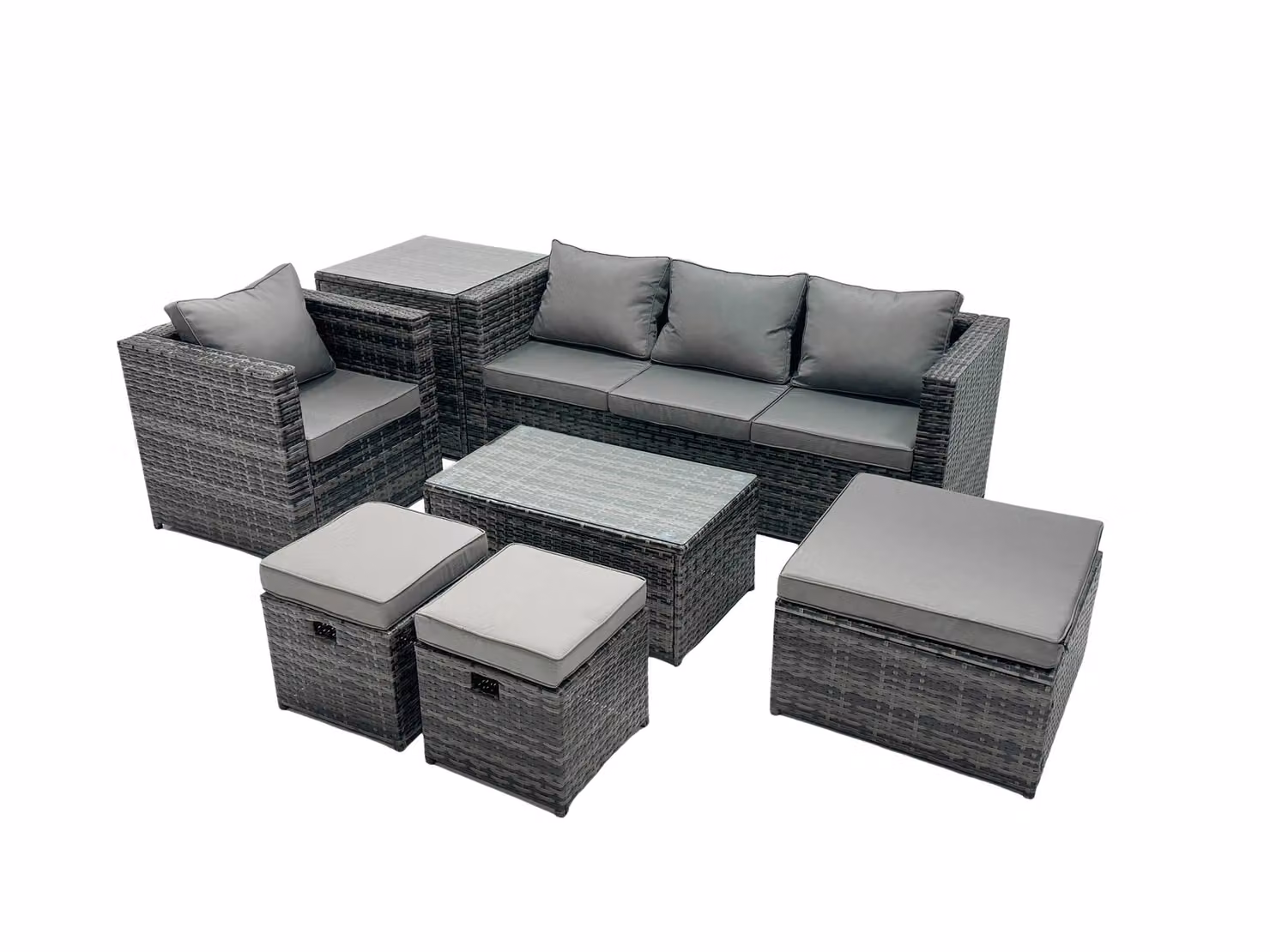 Fimous Outdoor Coffee Table Sofa Set with Side Table and 2 Small Footstools in Dark Grey – 2