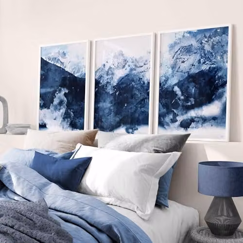 ARTZE Set of 3 Abstract Navy Blue and White Mountain Landscape Paper Posters, W: 42 cm, H: 59.4 cm