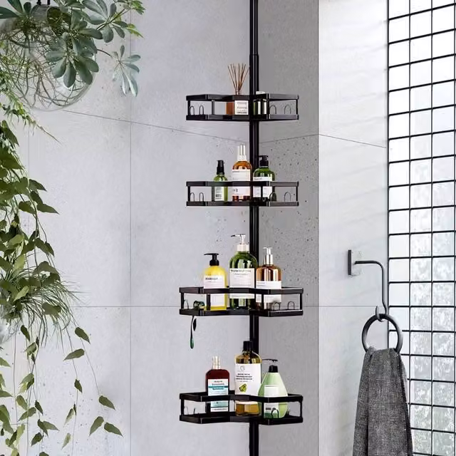 VOGREX 4-Tier Telescopic Corner Shower Caddy Bathroom Rack in Black – 1