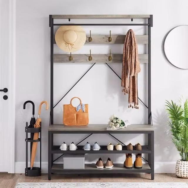 London Boutique Hall Tree Coat Rack with Shoe Bench and 8 Hooks, Grey, H 183 x W 136 x D 40 cm – 1