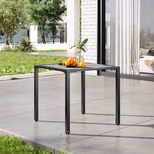 Garden Sanctuary Slatted Metal Garden Table with Parasol Hole in Grey and Black, Diameter: 80 cm