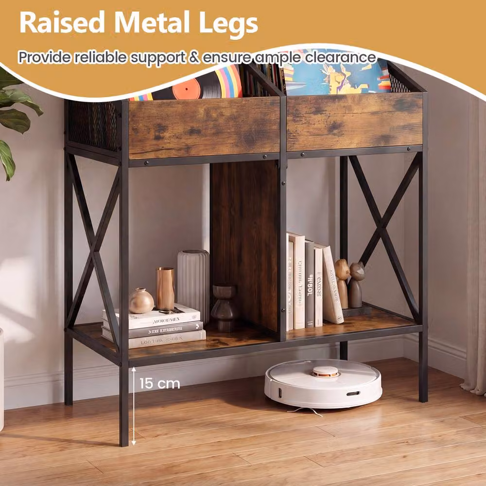 Gymax 2-Tier 4-Grid Vinyl Record Storage Rack and Display Shelf in Brown – 4