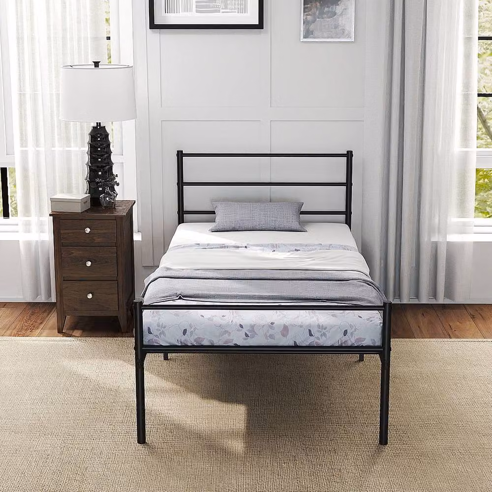 Gymax Single Size Metal Platform Bed Frame with Headboard and Slat Support, Black, 90 x 200 cm – 3
