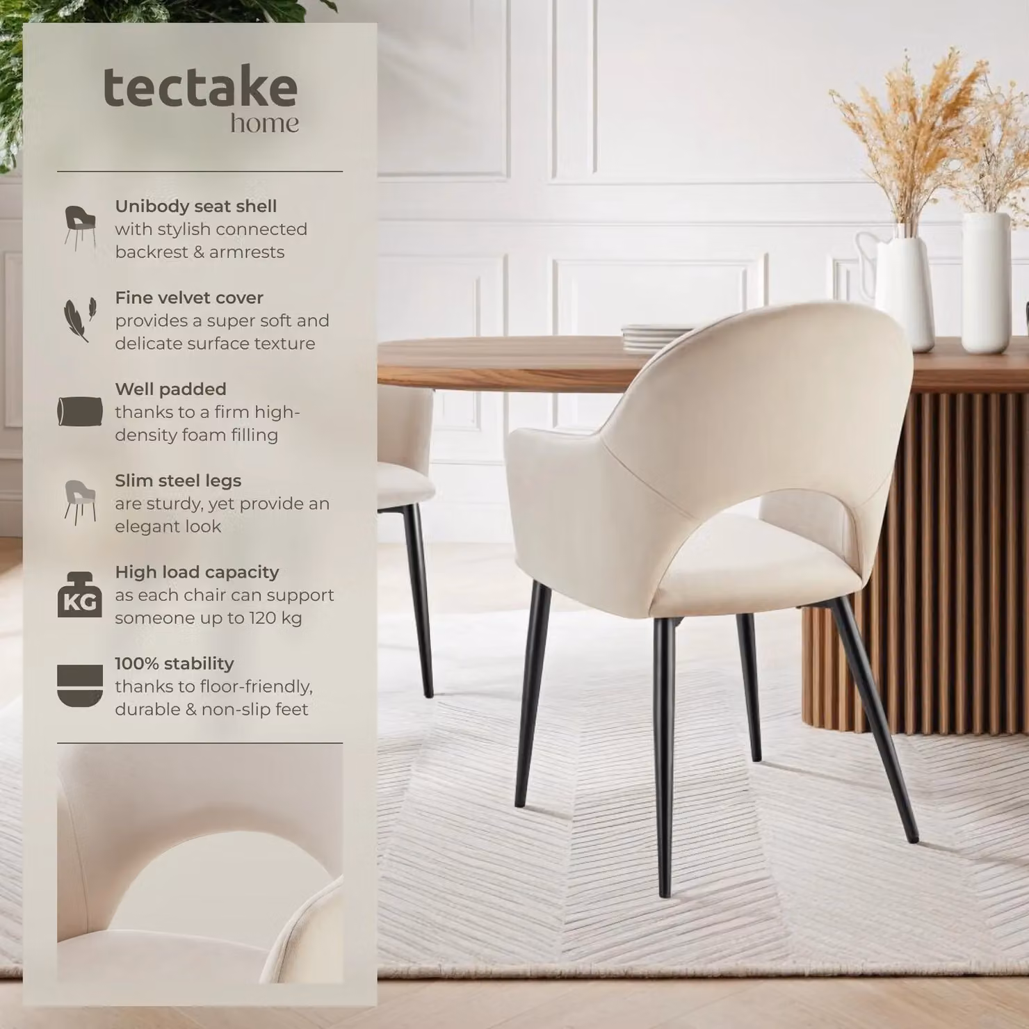 tectake Sasha Set of 4 Modern Dining Chairs in Cream Velvet with Oak Legs – 2