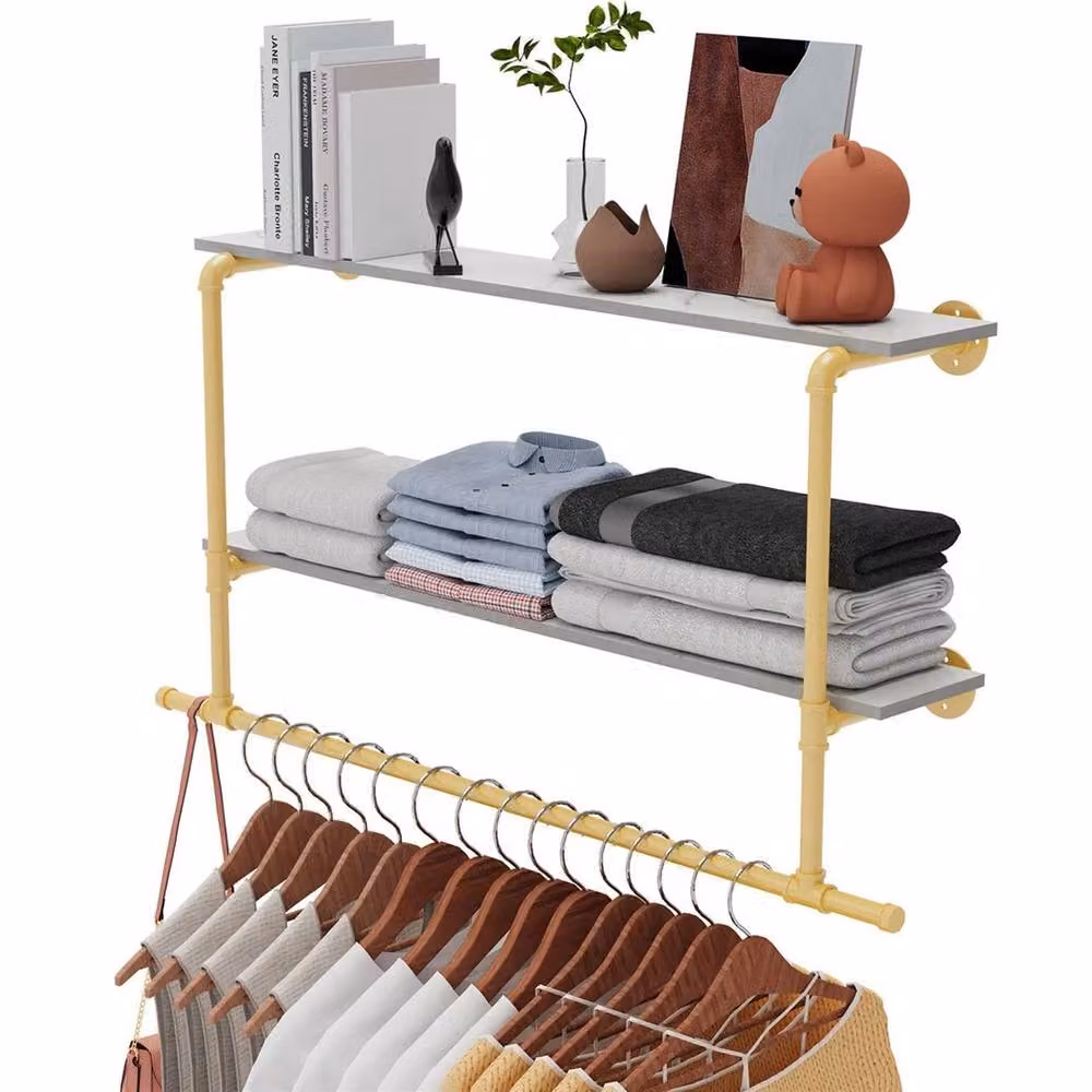 FORGEVIO Industrial Pipe Wall Garment Rack with 2 Tier Shelves in Gold and White Marble – 2