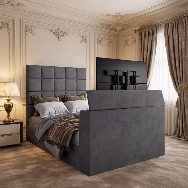 KDMD Woolverstone Upholstered Grey TV Bed Frame, Size: King (W/H: 180 x 152 cm)