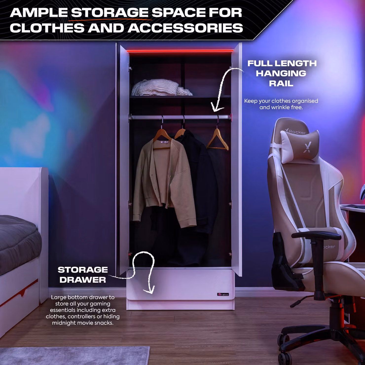 X Rocker Carbon-Tek 2 Door Wardrobe with Drawer and Integrated LED Lighting in White – 4