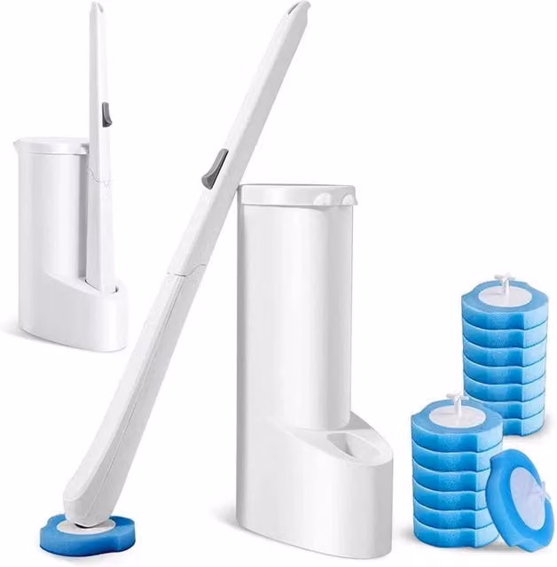 KORVIXA 16-Piece Disposable Toilet Brush Set in Blue with Covered Freestanding Plastic Holder – 1