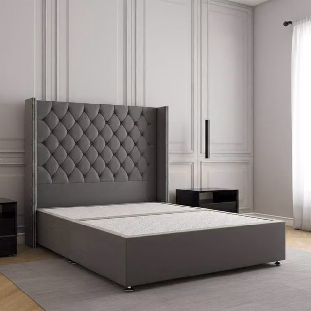 Regional Furnishings Luxury Single Divan Bed with 54 inch Plush Velvet Headboard in Grey, W/D: 90 x 200 cm