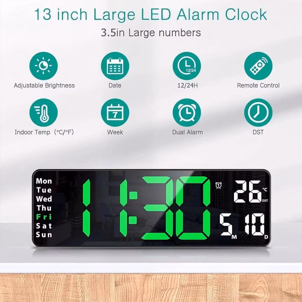 FLAVORA Green and Black Digital LED Wall and Desk Clock – 2