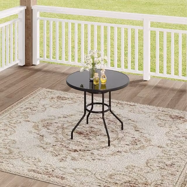 Komore Black Glossy Outdoor Tempered Glass Table with Parasol Hole