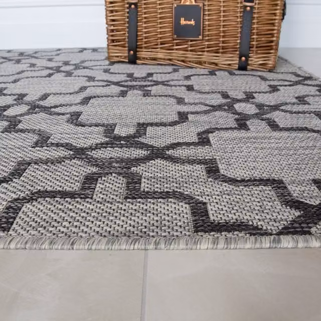 The Rug House Grey Geometric Trellis Flatweave Indoor Outdoor Rug, W: 240 cm, D: 60 cm