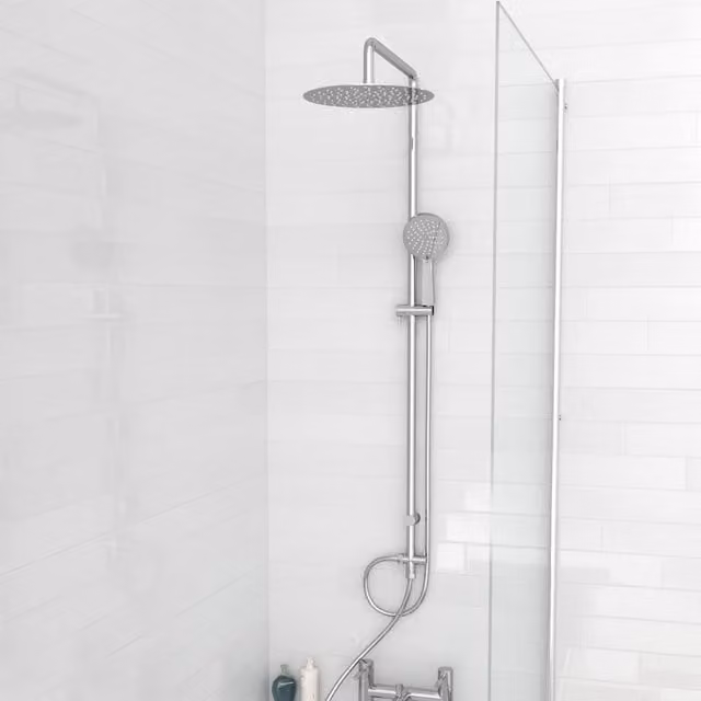 Nes Home Modern Exposed Round Shower Mixer Handset and Riser Rail Kit in Chrome Metallic Silver