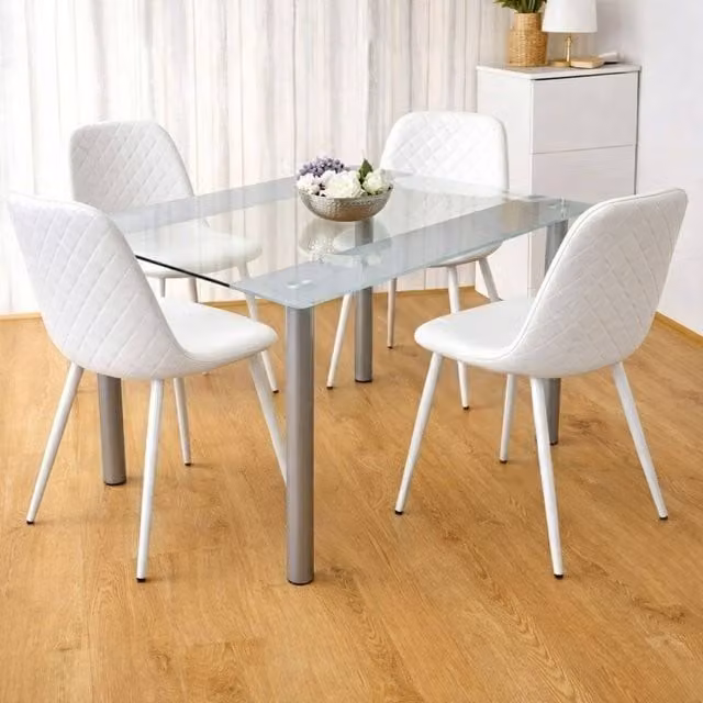 Kosy Koala Modern Grey Glass Dining Table with 4 White Striped Chairs – 1