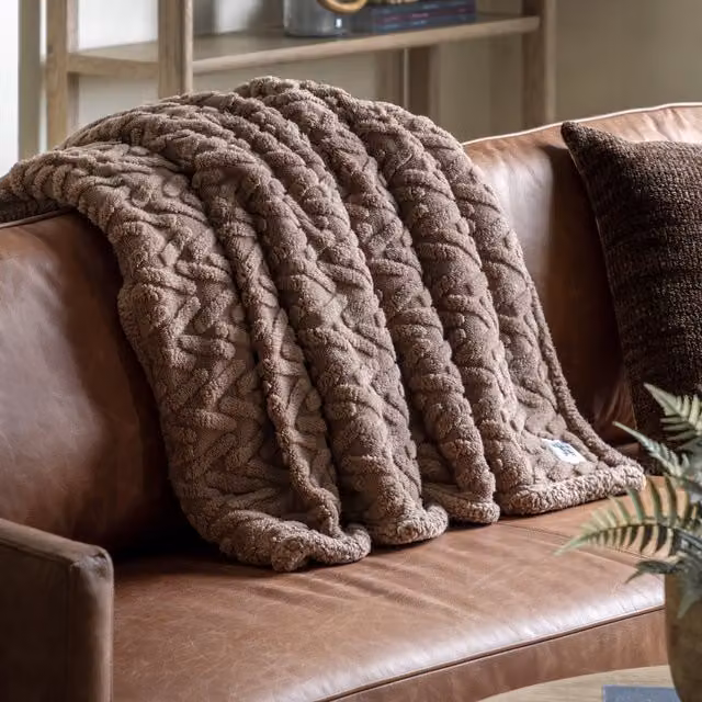 Terrys Brown Geometric Herringbone Fluffy Sherpa Fleece Throw W/D/H: 140 x 180 cm
