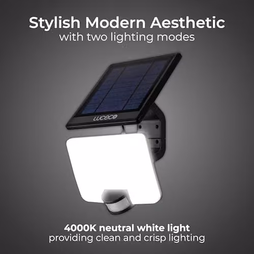 Luceco Solar Powered LED Outdoor Floodlight with PIR Motion Sensor, 1500lm, 11W, 4000K Cool White, Black, IP65, Adjustable – 2