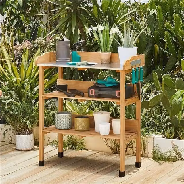 EONLION Scandinavian Style 3-Layer Wood and Metal Table Bench with 2 Storage Shelves in Brown, Width: 100 cm – 1