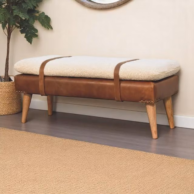 Artisan Furniture Brown Leather Upholstered Solid Wood Dining Bench