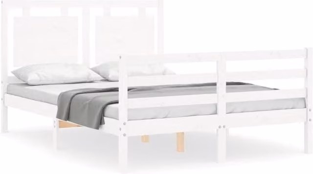 Berkfield Home Solid Wood Pine Bed Frame with Headboard in White, W/D/H: 120 x 200 cm