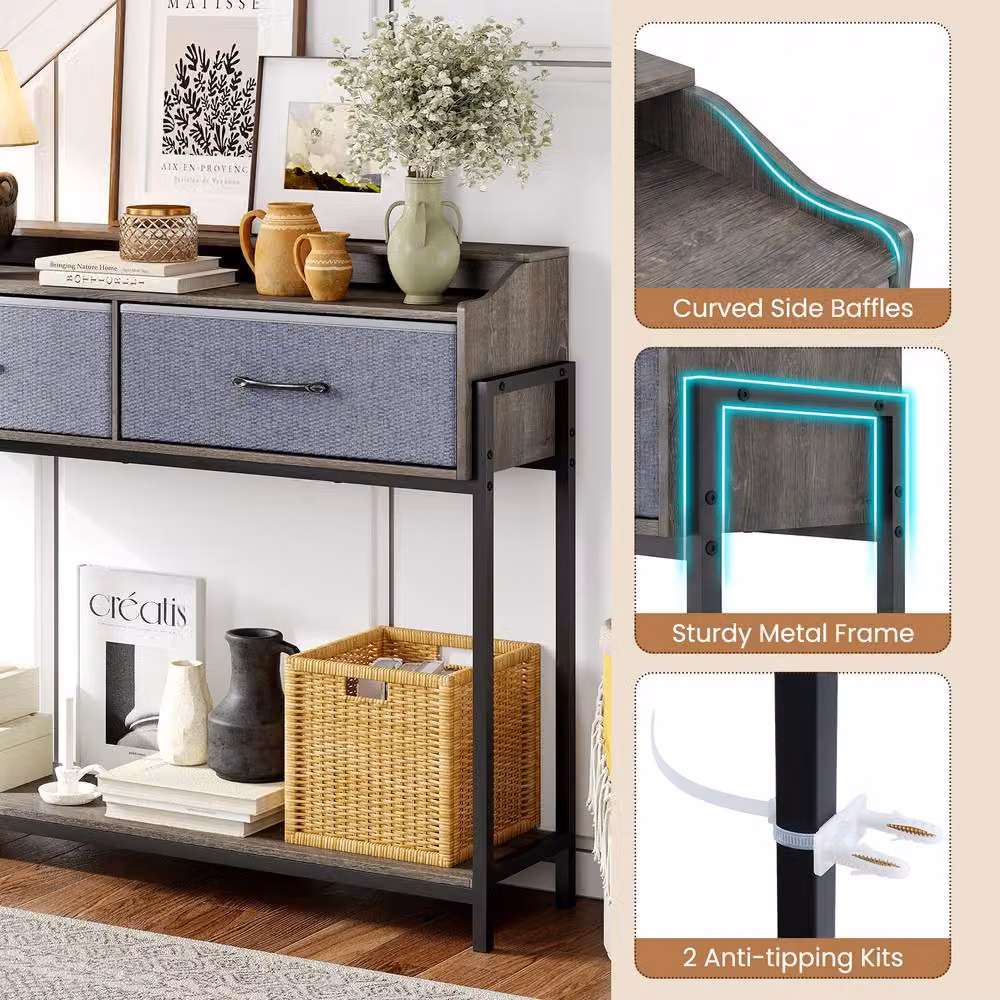 Costway Grey Industrial Console Table with Charging Station and Shelves – 8