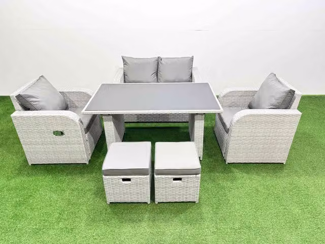 Fimous 6-Seater Outdoor Rattan Garden Furniture Dining Set with 2 Small Stools in Light Grey