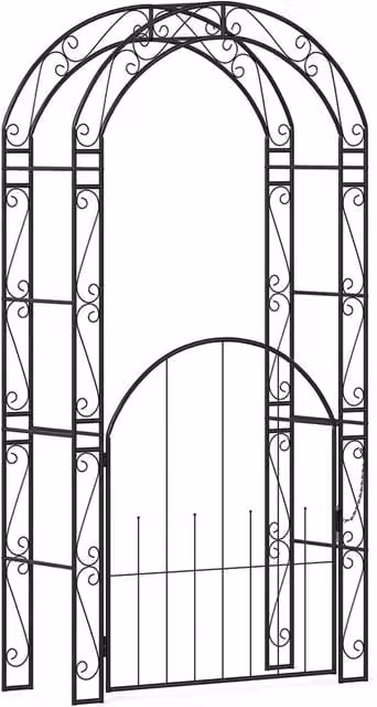 NESTLUNE Black Metal Garden Arch with Gate and Climbing Trellises, H: 214 cm, W: 100 cm, D: 15 cm