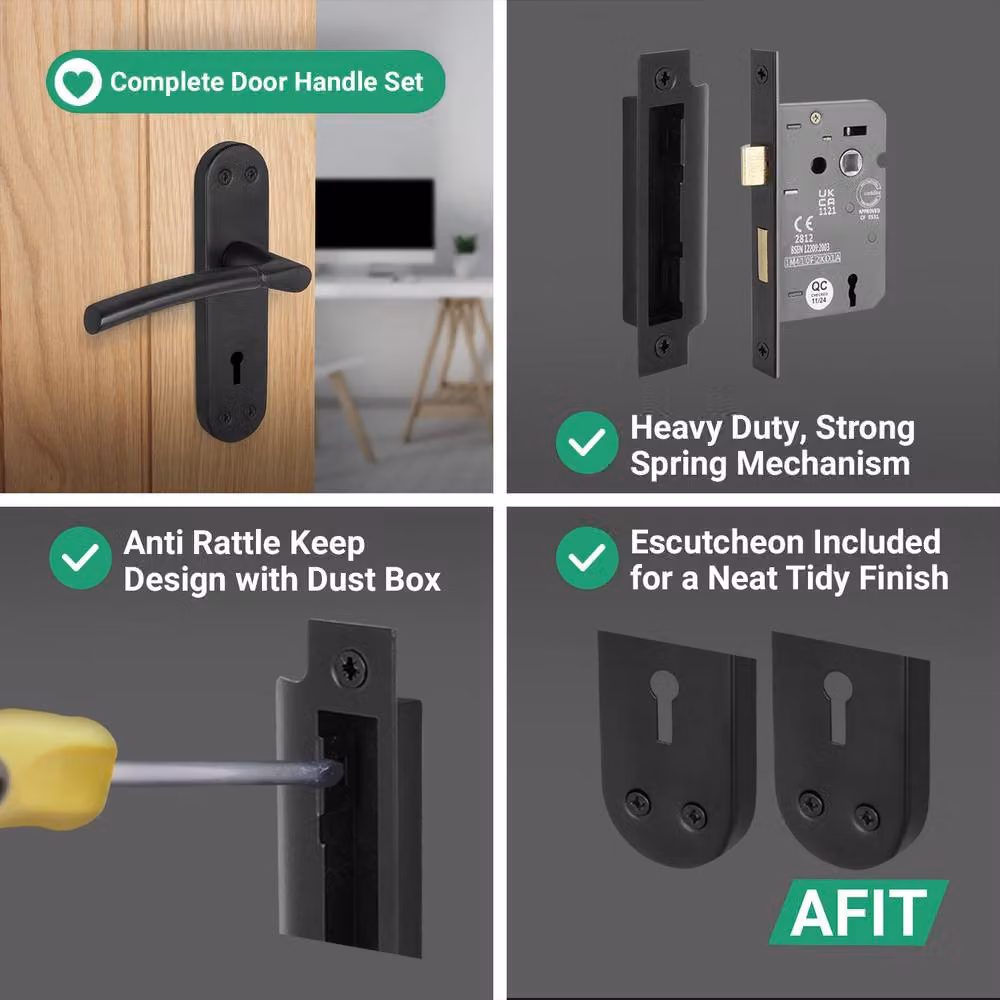 AFIT Matt Black Privacy Door Handle Set with Backplate and 64mm Lock, W/D/H: 150 x 150 x 150 mm – 4