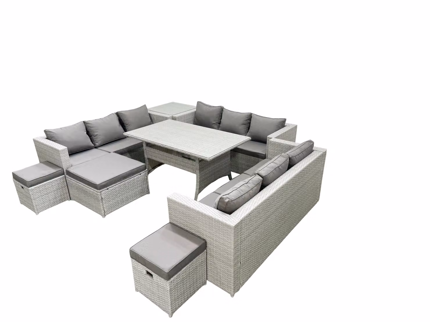 Fimous 12 Seater Rattan Garden Furniture Set with Rectangular Dining Table, 3 Footstools and Side Table in Light Grey – 2