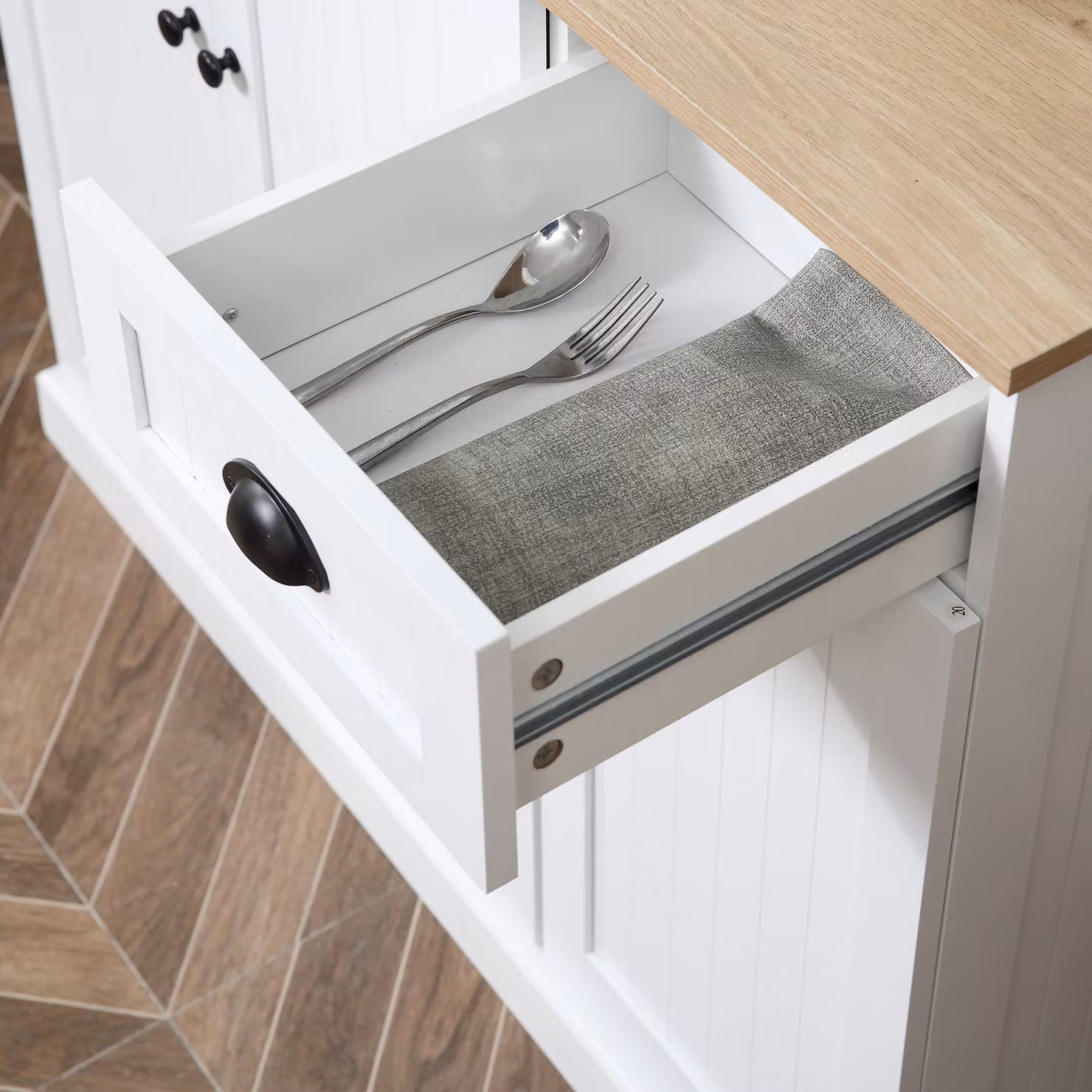 HOMCOM Modern White Kitchen Storage Cabinet with Microwave Shelf, Drawer and Cabinets – 5