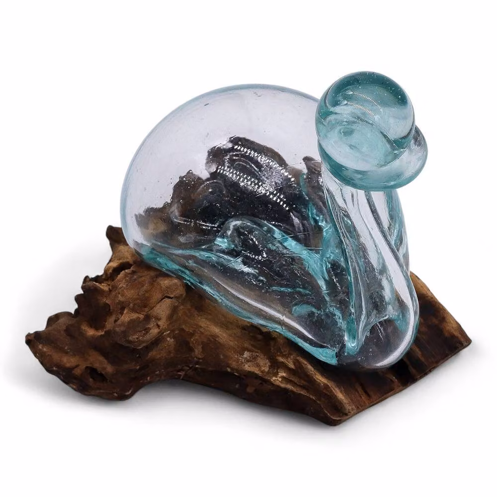 Serenityy Molten Glass Duck Decanter with Stopper and Reclaimed Wood Base, Clear, Height: 19 cm – 2