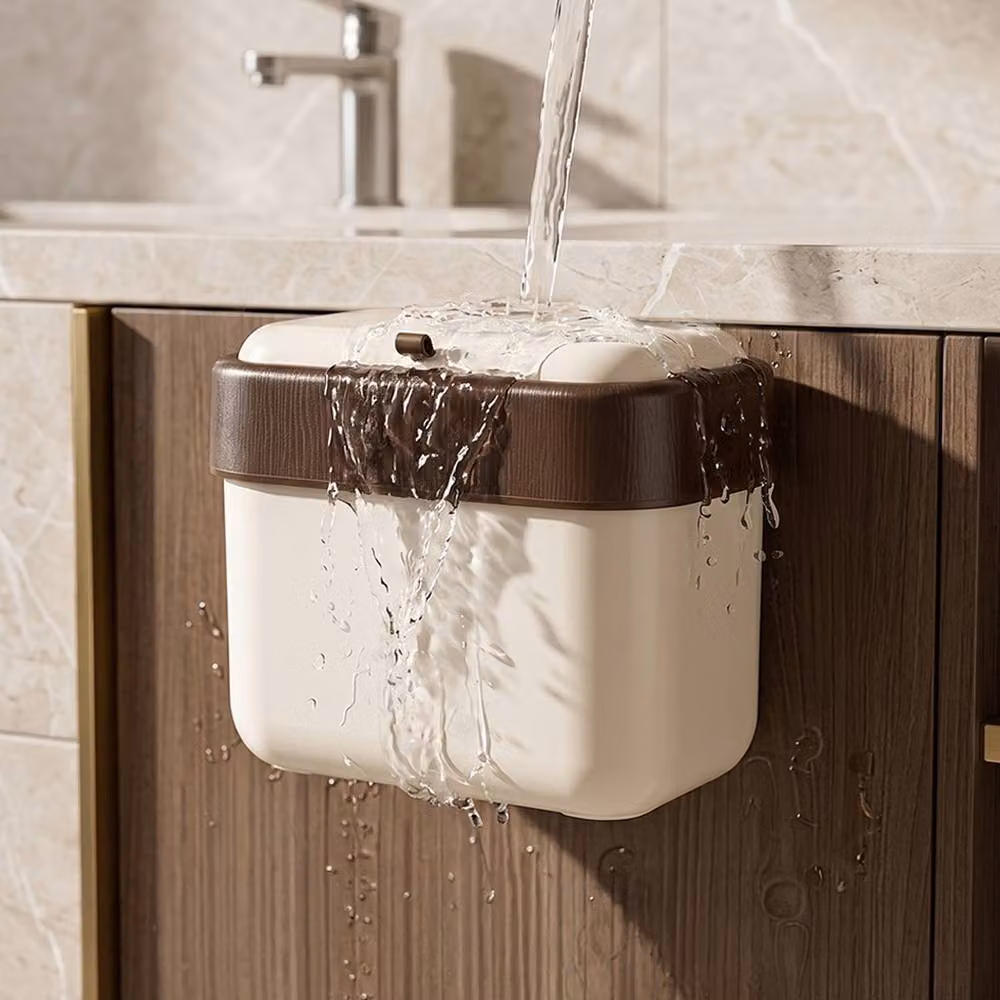 Living and Home 7L Wall Mounted Hanging Trash Bin with Flip Lid in Beige – 2