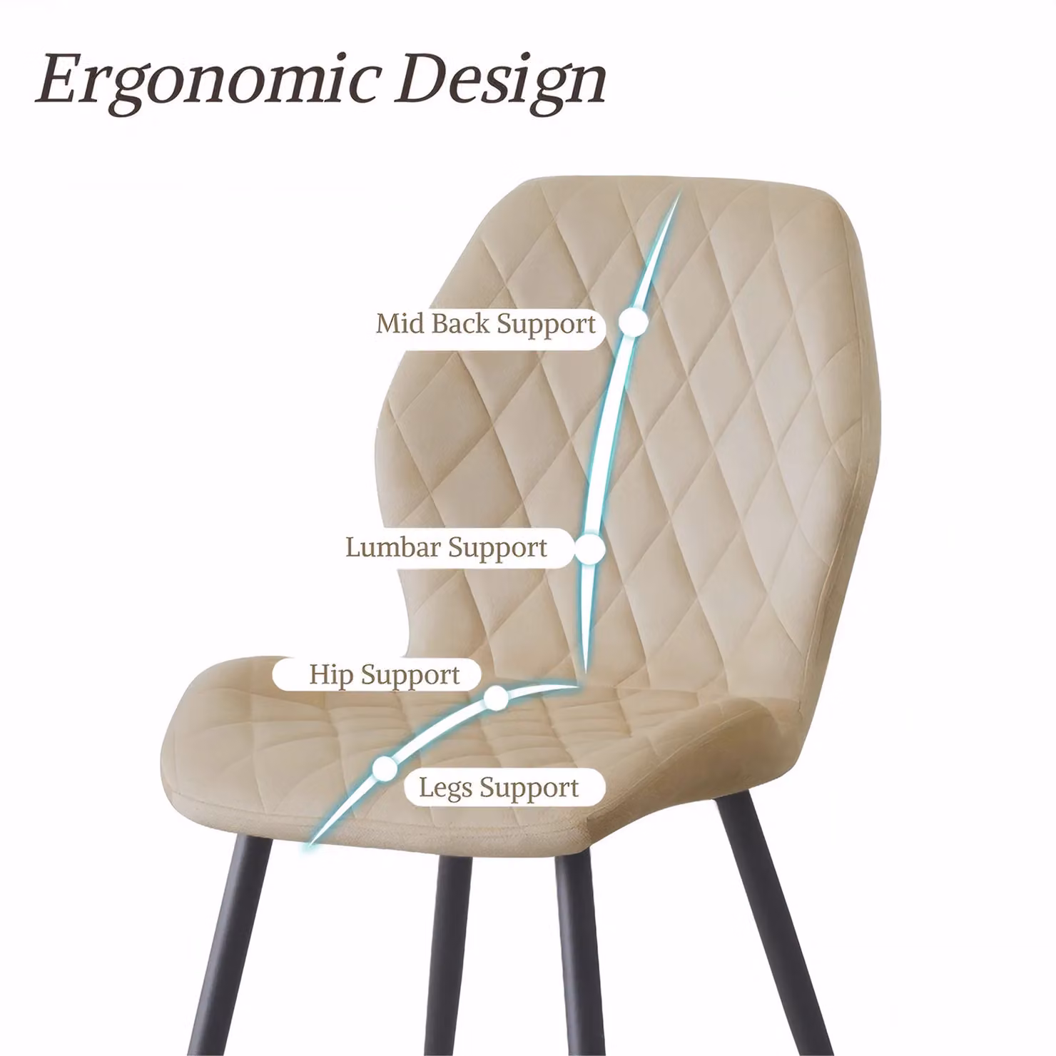 SONARA Set of 4 Modern Velvet Dining Chairs with Ergonomic Curved Backrest and Metal Legs in Beige – 3
