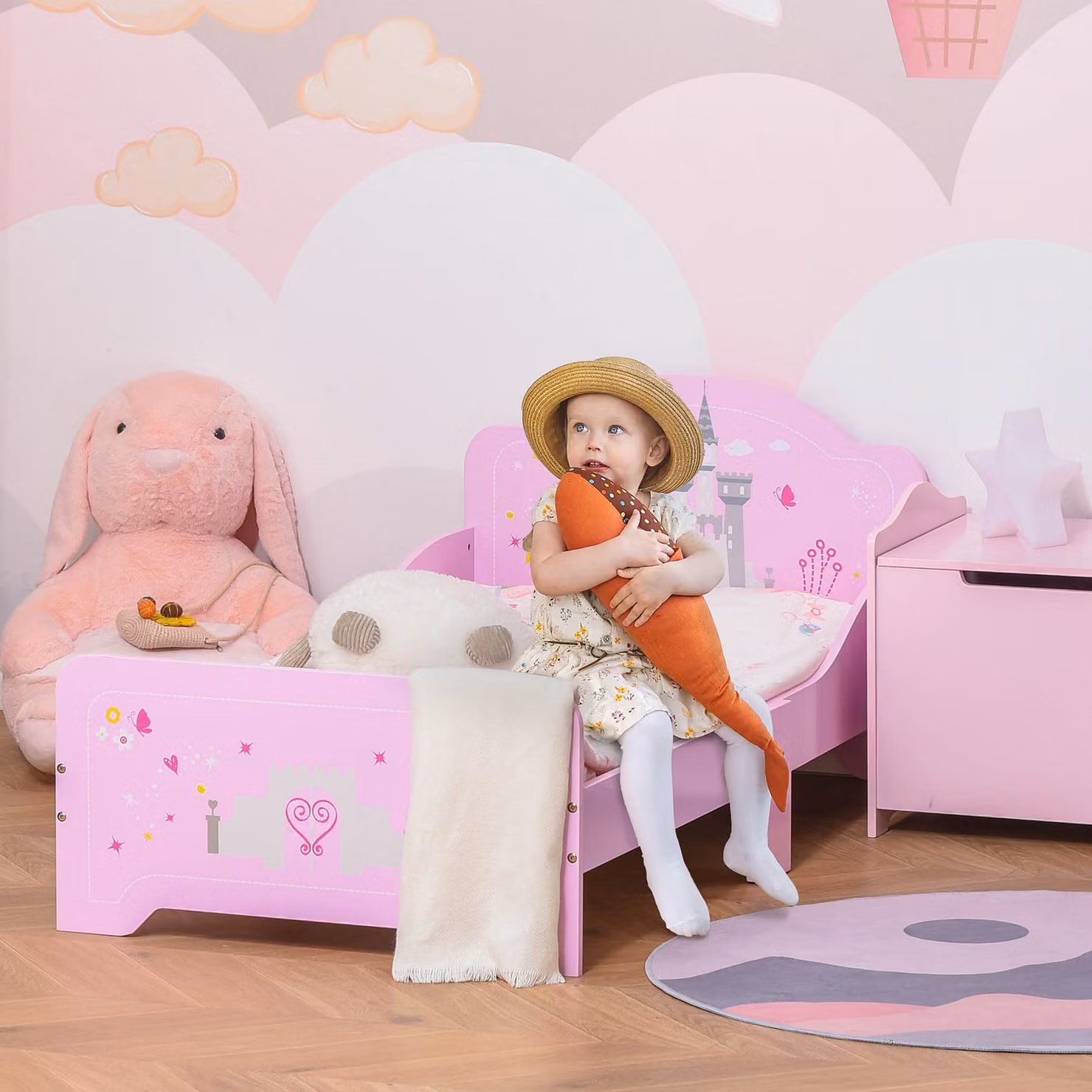 HOMCOM Pink MDF Kids Castle Design Single Bed with Drawers and Floral Details, 90 x 200 cm – 2