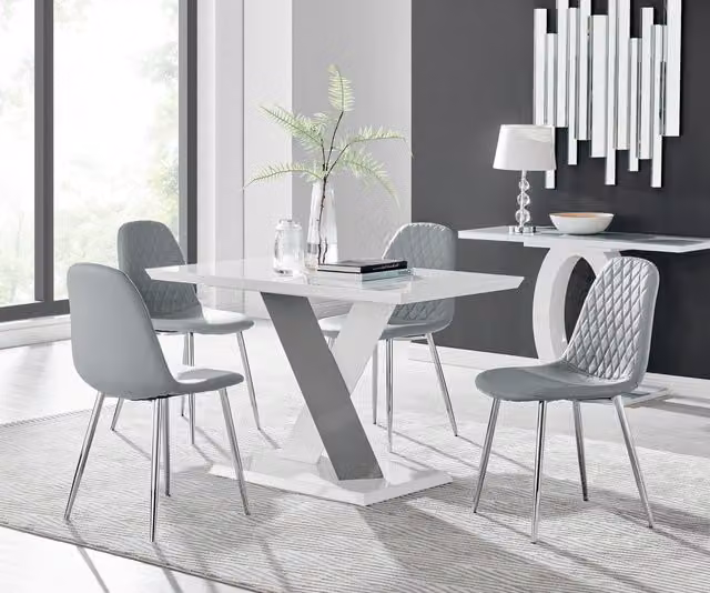 Furniturebox Monza White High Gloss Rectangular Dining Table with 4 Corona Silver Chairs in Grey