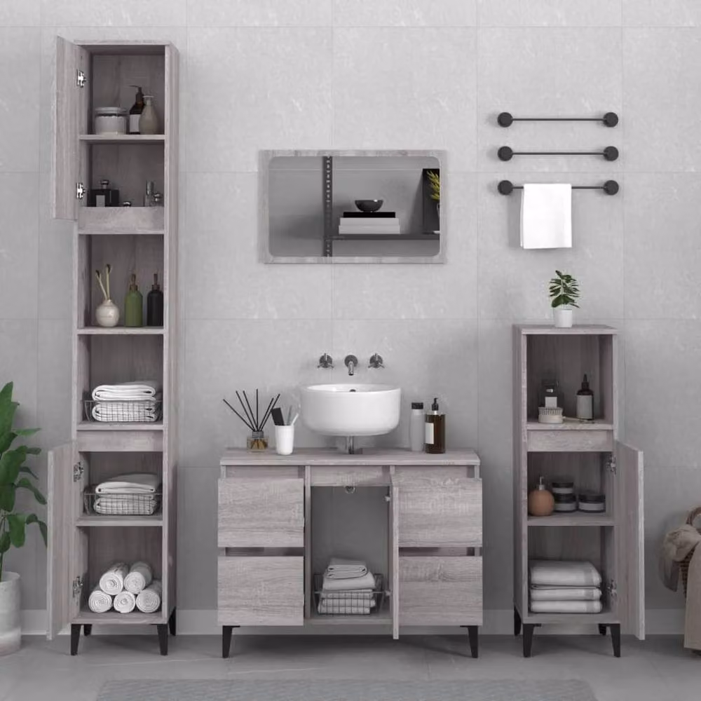 Berkfield Home Modern 3 Piece Grey Bathroom Furniture Set with Tall Cabinet and Internal Shelves – 2