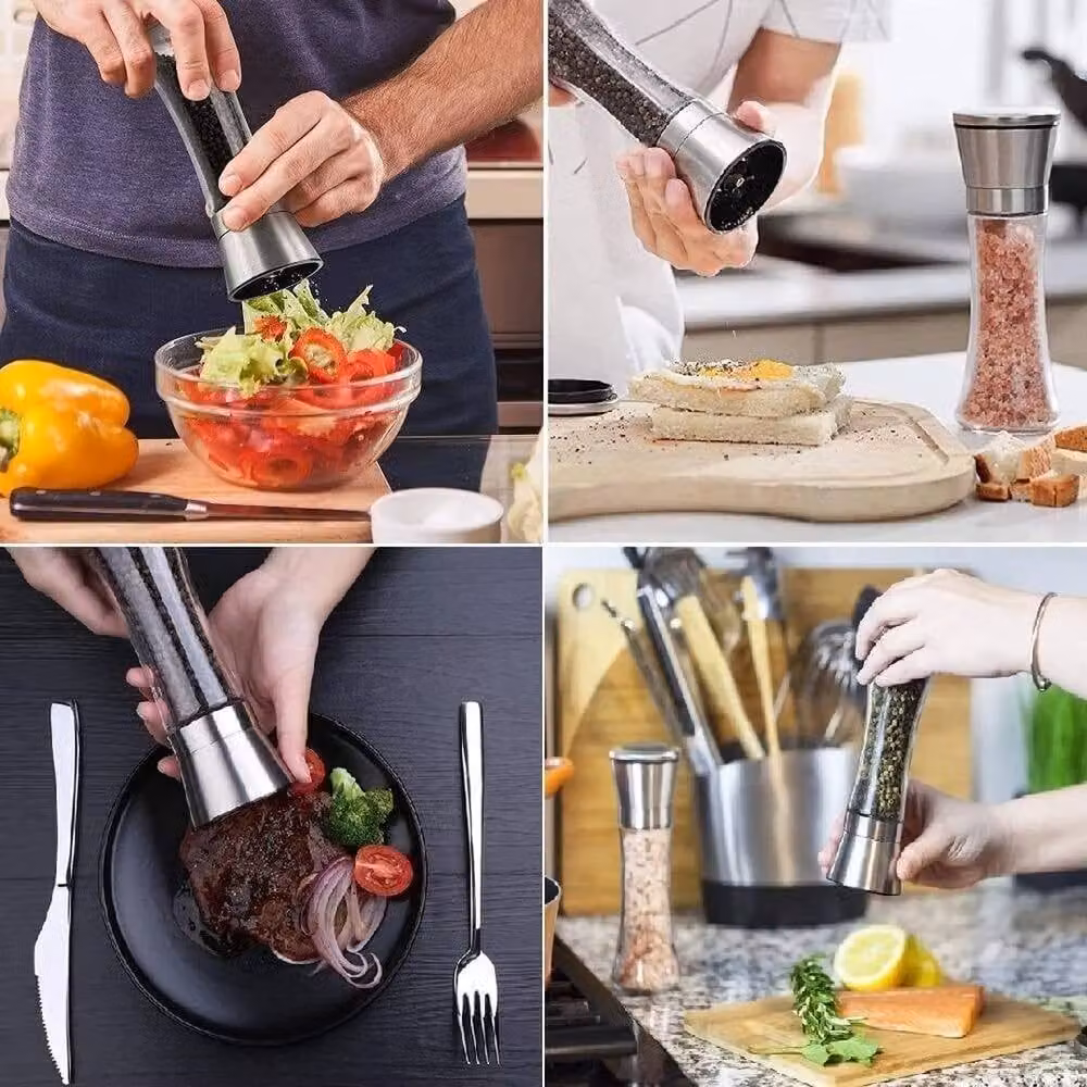 PAWNORA 2 Pack Adjustable Stainless Steel and Glass Salt and Pepper Mill Grinder Set in Silver – 6