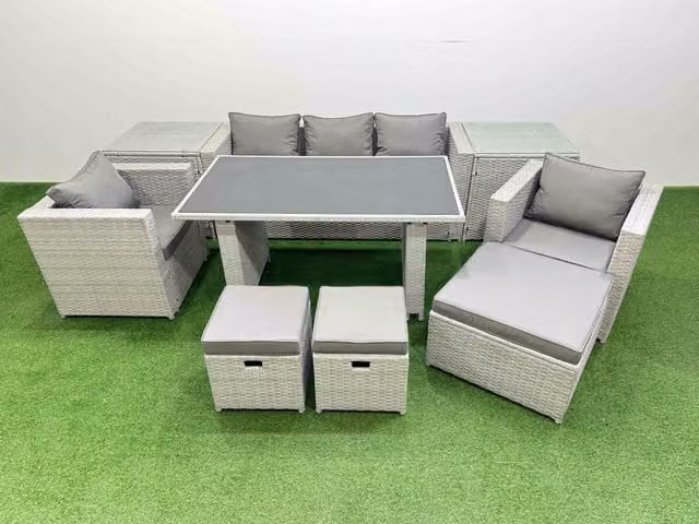 Fimous Modern Garden Furniture Set with Black Glass Top Dining Table and Light Grey Armchairs