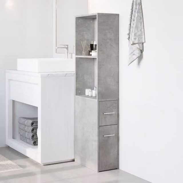 Berkfield Home Narrow Bathroom Cupboard with Wheels, Concrete Grey, H 135 x W 41 x D 22 cm
