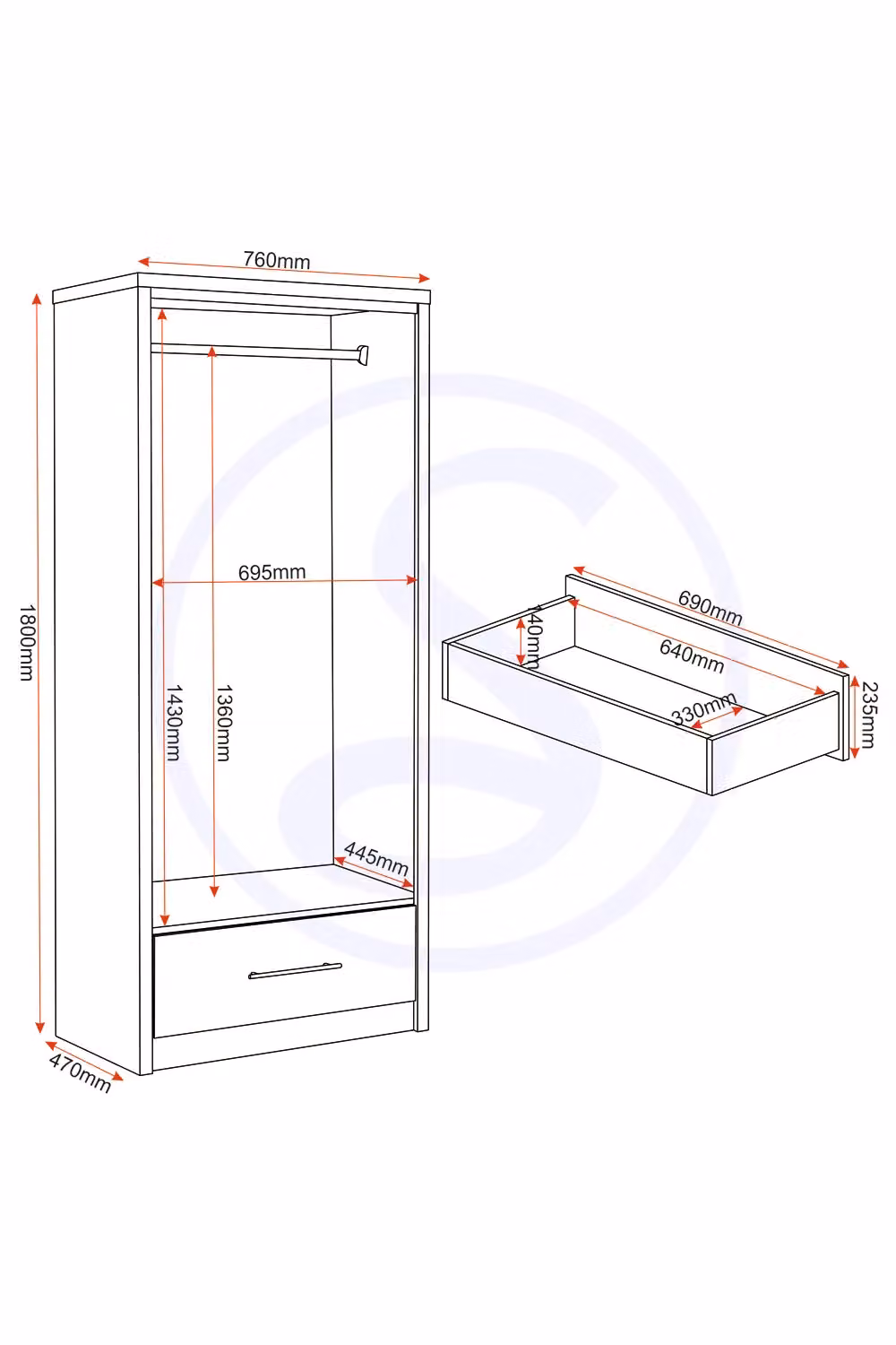 Seconique Seville 2 Door 1 Drawer Wardrobe in Grey High Gloss and Oak – 2