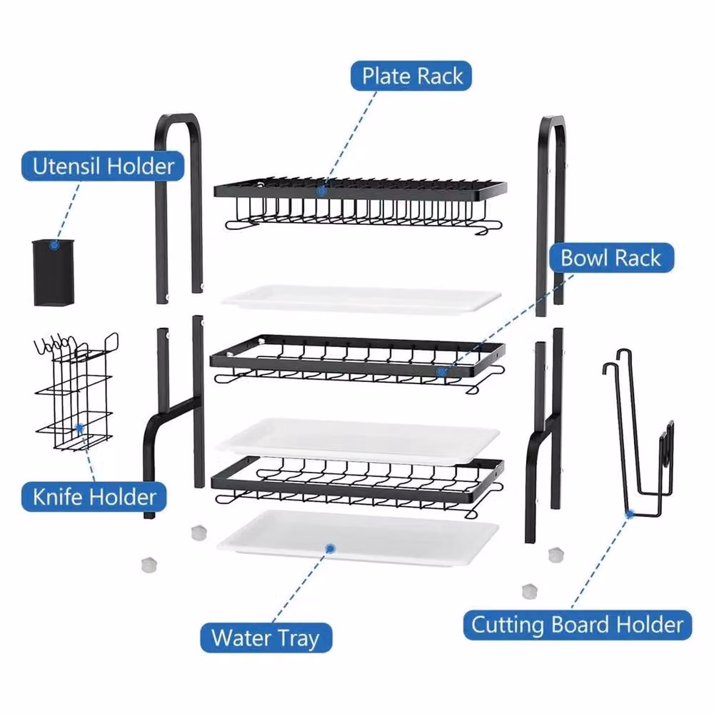 SPETLEK 3 Tier Dish Drainer Rack with Drip Tray and Cutlery Holder in Black – 2