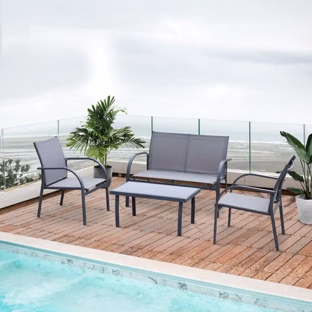 Outsunny 4 Piece Curved Grey Metal and Glass Outdoor Dining Set