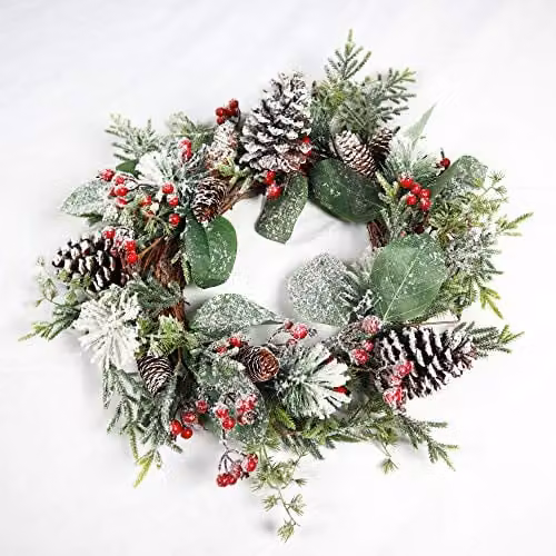 Shatchi Frosty Green Christmas Wreath with Mixed Leaves and Flowers, Diameter: 60 cm – 1