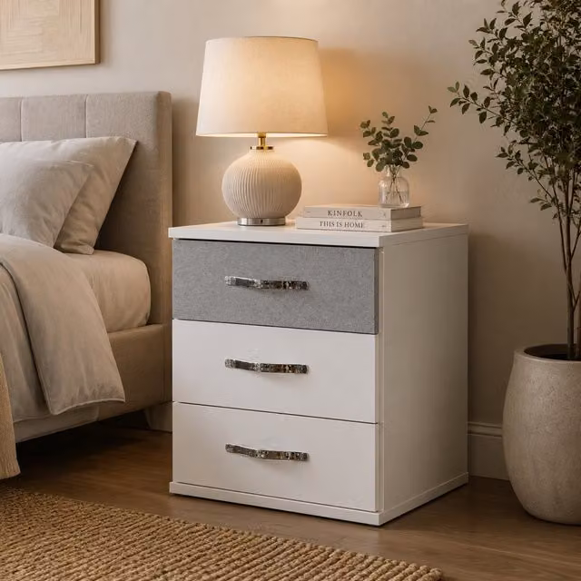 KDMD Duo Matt White and Grey 3 Drawer Bedside Cabinet
