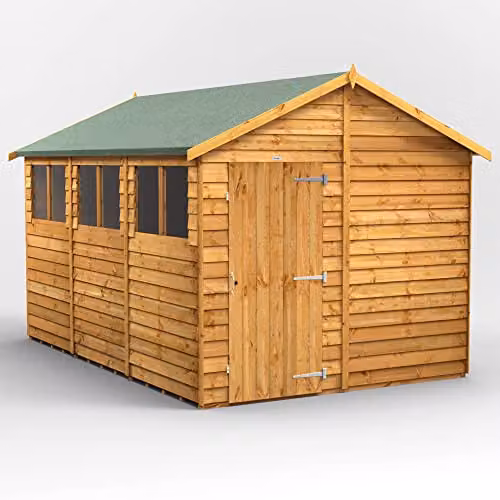 Powersheds Premium Apex Garden Overlap Wooden Shed in Natural Brown with Toughened Glass Windows and Gable Roof – 1