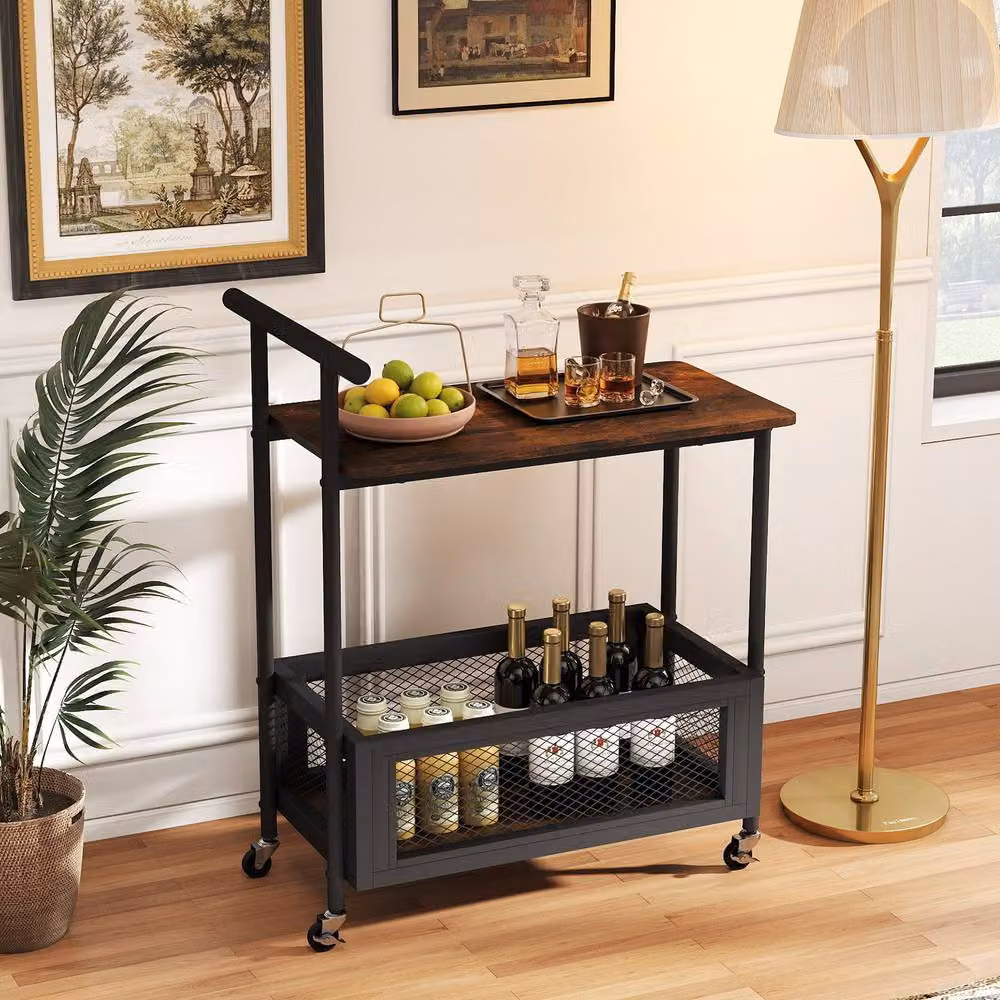 Gymax 2-Tier Industrial Rolling End Table with Handle and Mesh Basket in Brown – 8