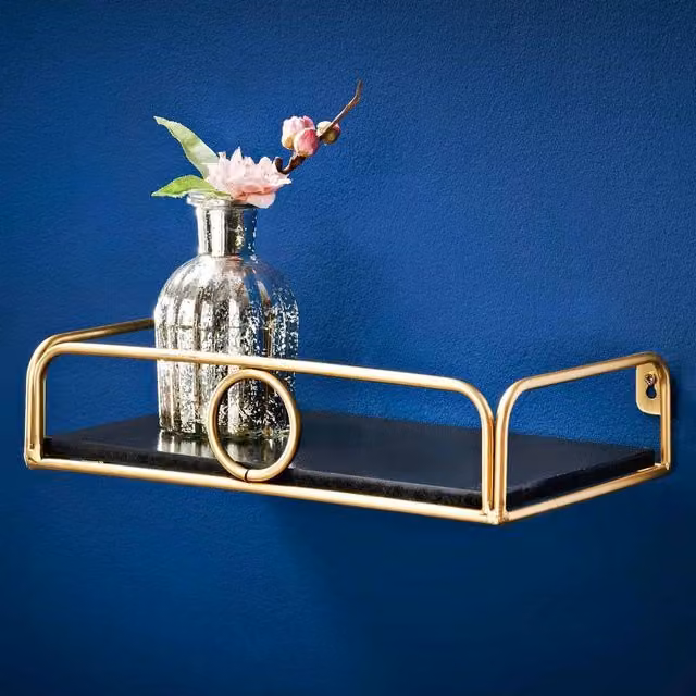 SPOT ON DEALZ Black Floating Wall Shelf with Gold Ring, W: 30 cm, D: 18 cm, H: 6.8 cm – 1