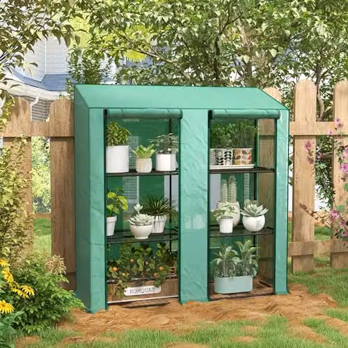 Outsunny Lean-to Mini Greenhouse with 3 Tier Shelves, Green, W: 143 cm, D: 46 cm, H: 151 cm – 2