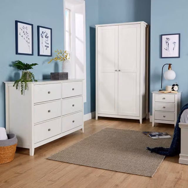 Home Source Bronte White 2 Door Tall Wardrobe with Metal Handles, Height: 185 cm