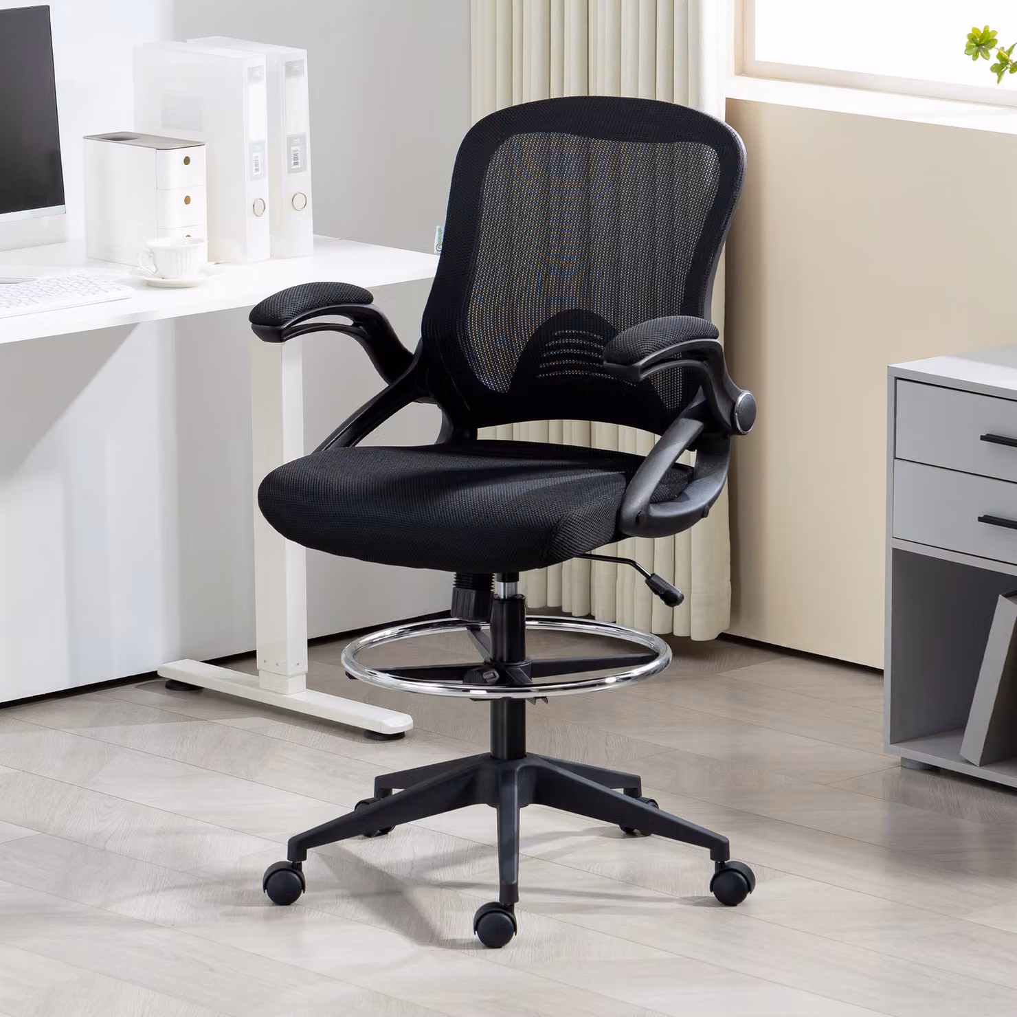 Vinsetto Black Mesh Drafting Chair with Flip-up Armrests, 360 Degree Swivel and Foot Ring for Home Office and Standing Desks – 2